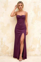 Jennifer Grape Satin Spaghetti Straps Slit Maxi Dress