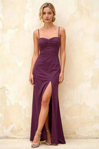 Jennifer Grape Satin Spaghetti Straps Slit Maxi Dress