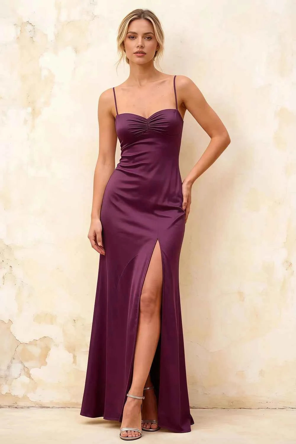 Jennifer Grape Satin Spaghetti Straps Slit Maxi Dress