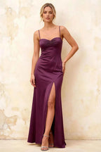 Jennifer Grape Satin Spaghetti Straps Slit Maxi Dress