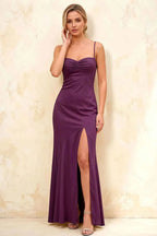 Jennifer Grape Satin Spaghetti Straps Slit Maxi Dress