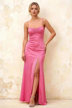 Jennifer Hot Pink Satin Spaghetti Straps Slit Maxi Dress