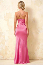 Jennifer Hot Pink Satin Spaghetti Straps Slit Maxi Dress