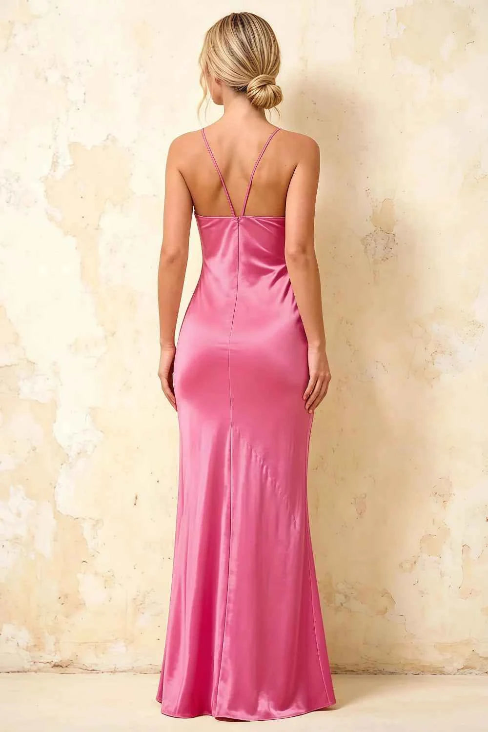 Jennifer Hot Pink Satin Spaghetti Straps Slit Maxi Dress