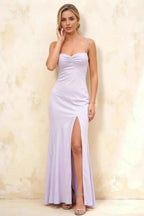 Jennifer Lavender Satin Spaghetti Straps Slit Maxi Dress