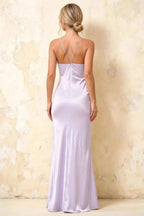 Jennifer Lavender Satin Spaghetti Straps Slit Maxi Dress