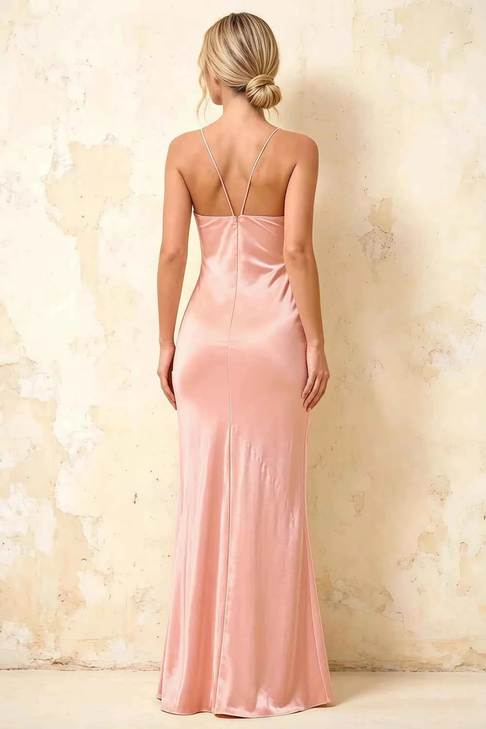 Jennifer Light Pink Satin Spaghetti Straps Slit Maxi Dress