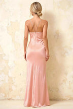 Jennifer Light Pink Satin Spaghetti Straps Slit Maxi Dress
