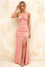 Jennifer Light Pink Satin Spaghetti Straps Slit Maxi Dress
