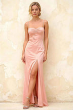 Jennifer Light Pink Satin Spaghetti Straps Slit Maxi Dress