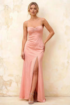 Jennifer Light Pink Satin Spaghetti Straps Slit Maxi Dress