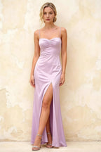 Jennifer Lilac Satin Spaghetti Straps Slit Maxi Dress