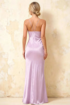 Jennifer Lilac Satin Spaghetti Straps Slit Maxi Dress