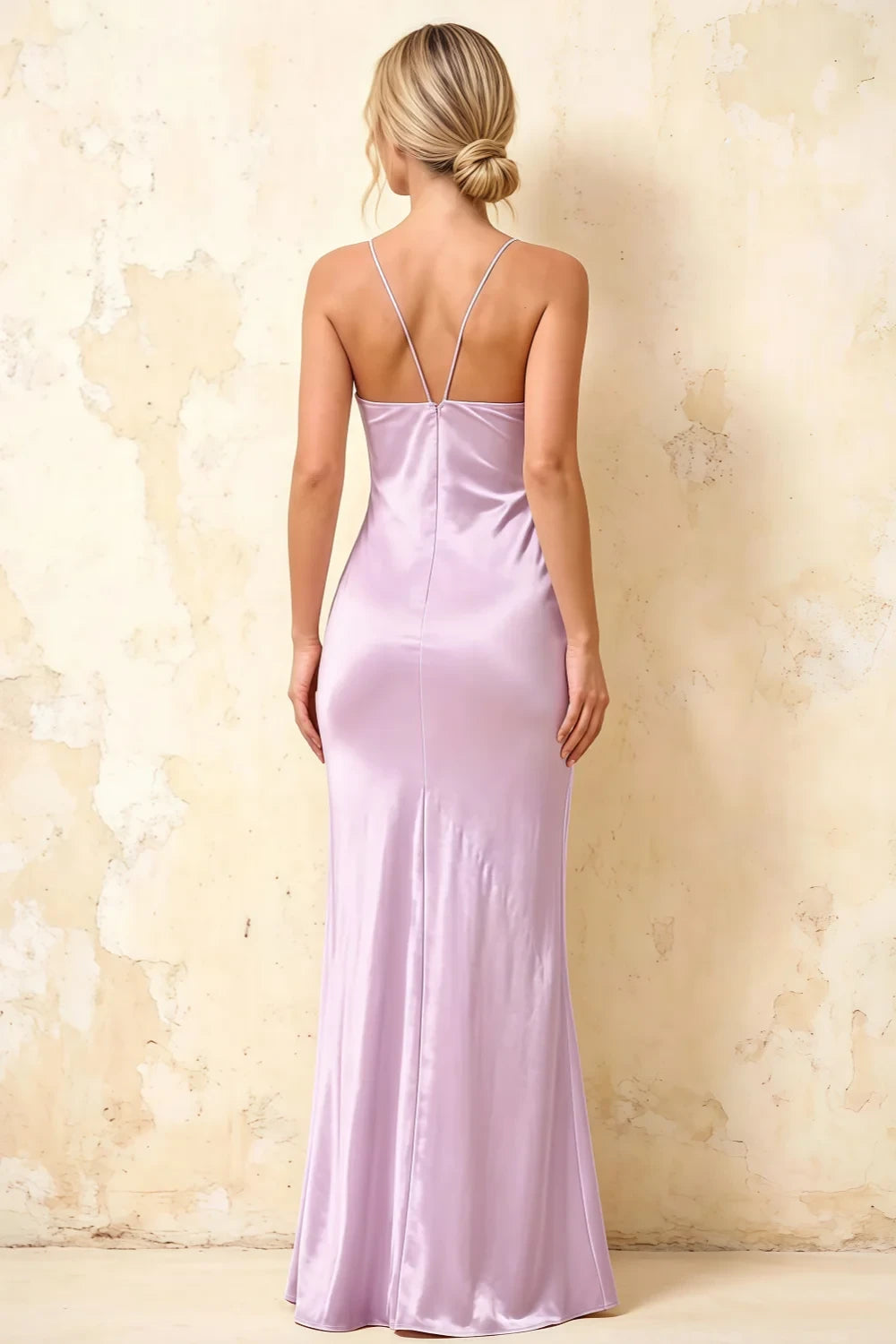 Jennifer Lilac Satin Spaghetti Straps Slit Maxi Dress