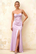Jennifer Lilac Satin Spaghetti Straps Slit Maxi Dress
