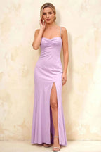 Jennifer Lilac Satin Spaghetti Straps Slit Maxi Dress