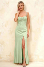 Jennifer Mint Satin Spaghetti Straps Slit Maxi Dress