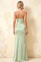 Jennifer Mint Satin Spaghetti Straps Slit Maxi Dress