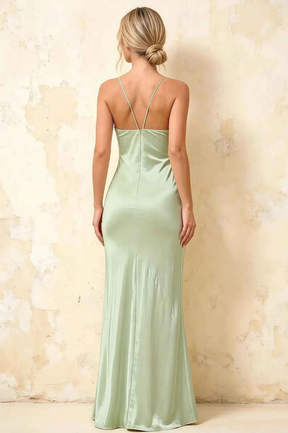 Jennifer Mint Satin Spaghetti Straps Slit Maxi Dress