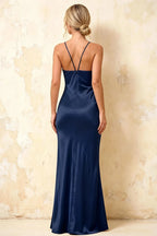 Jennifer Navy Satin Spaghetti Straps Slit Maxi Dress
