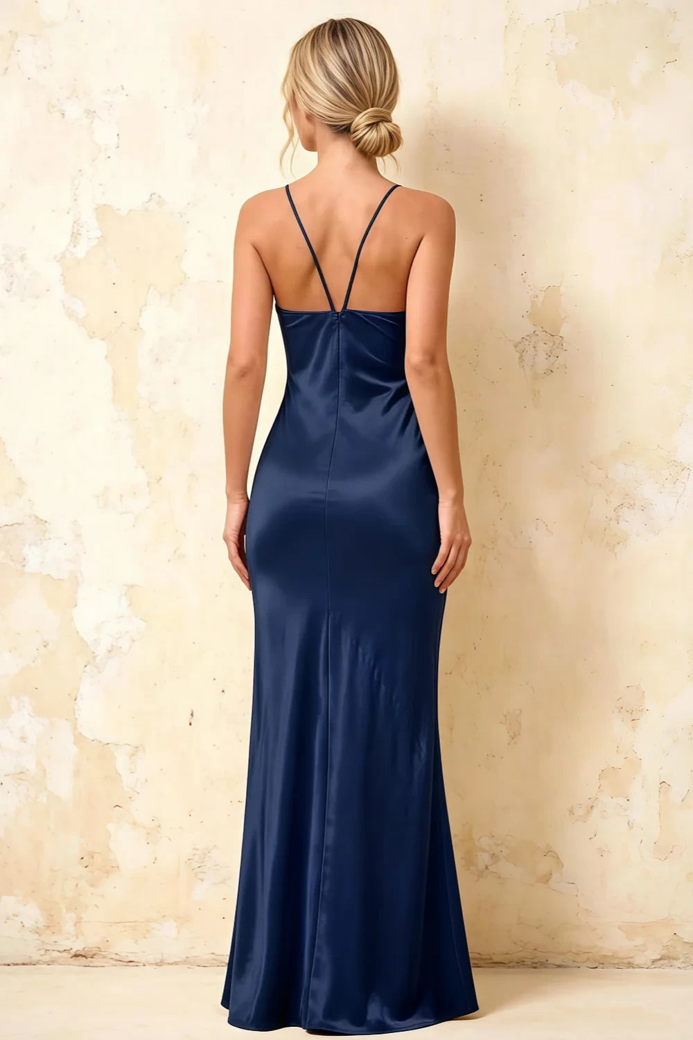 Jennifer Navy Satin Spaghetti Straps Slit Maxi Dress