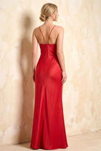 Jennifer Red Satin Spaghetti Straps Slit Maxi Dress