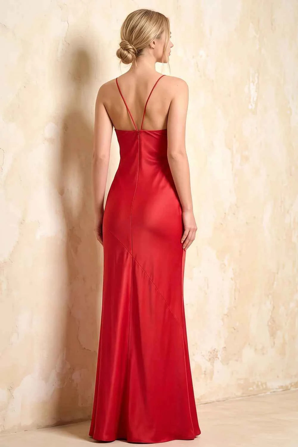 Jennifer Red Satin Spaghetti Straps Slit Maxi Dress