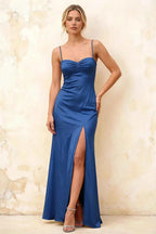 Jennifer Royal Blue Satin Spaghetti Straps Slit Maxi Dress