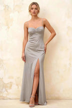 Jennifer Silver Satin Spaghetti Straps Slit Maxi Dress
