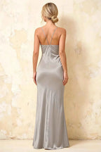 Jennifer Silver Satin Spaghetti Straps Slit Maxi Dress