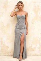 Jennifer Silver Satin Spaghetti Straps Slit Maxi Dress