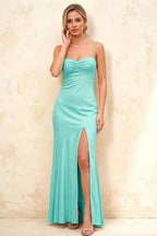 Jennifer Turquoise Satin Spaghetti Straps Slit Maxi Dress