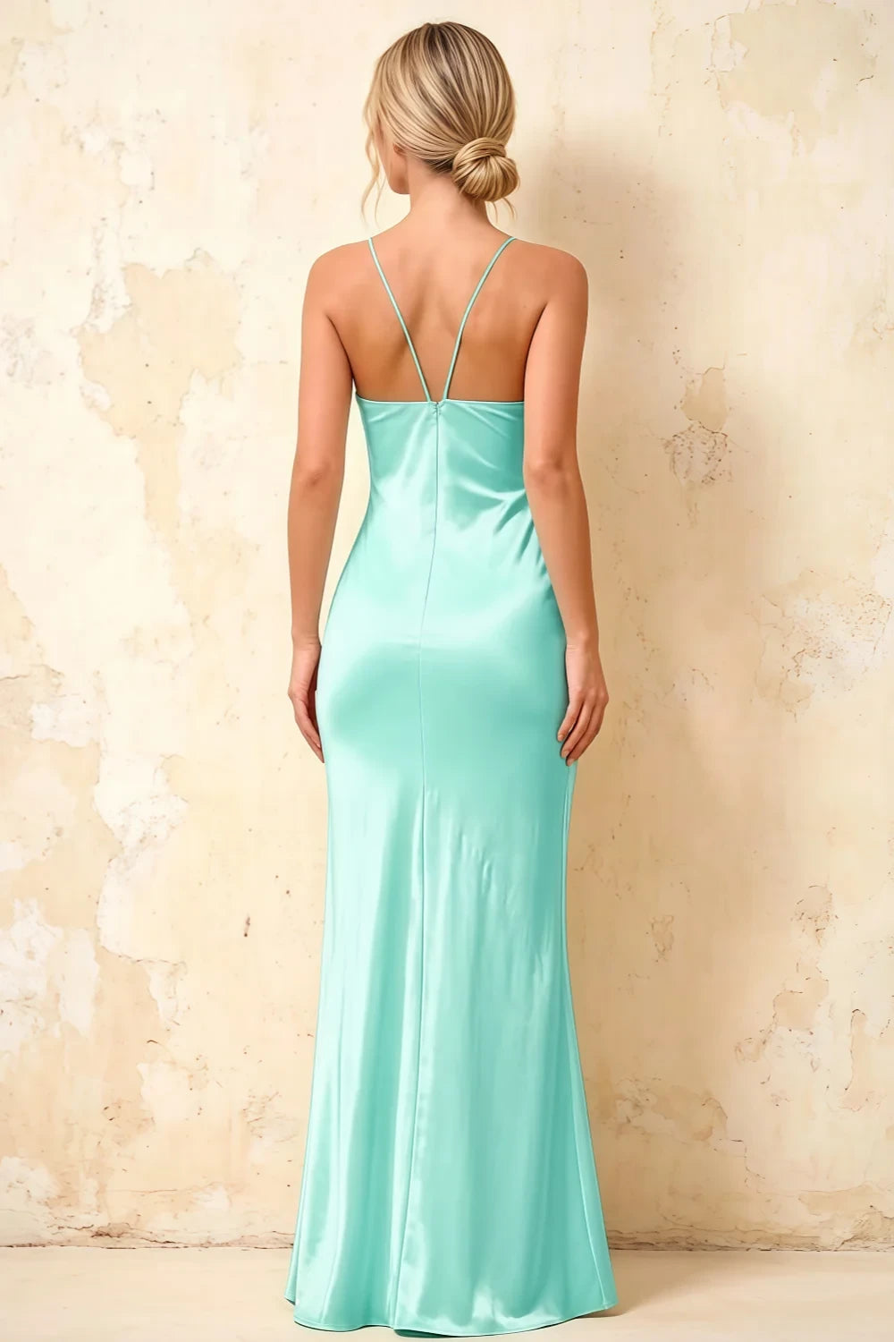 Jennifer Turquoise Satin Spaghetti Straps Slit Maxi Dress