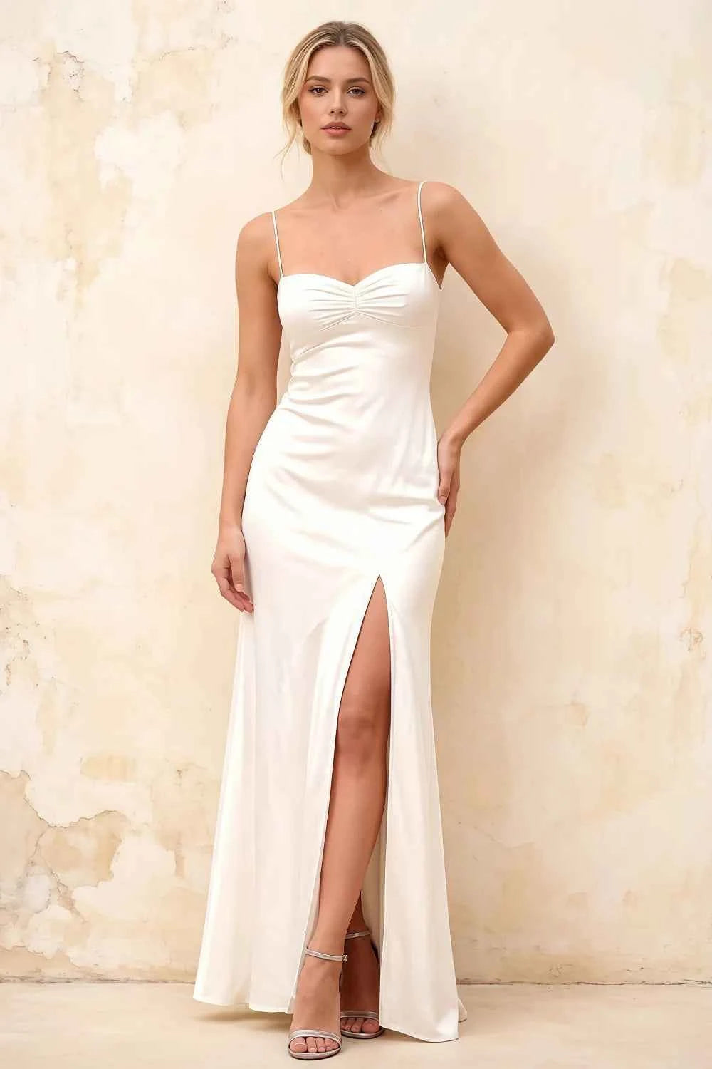 Jennifer White Satin Spaghetti Straps Slit Maxi Dress