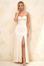Jennifer White Satin Spaghetti Straps Slit Maxi Dress