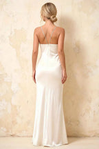 Jennifer White Satin Spaghetti Straps Slit Maxi Dress