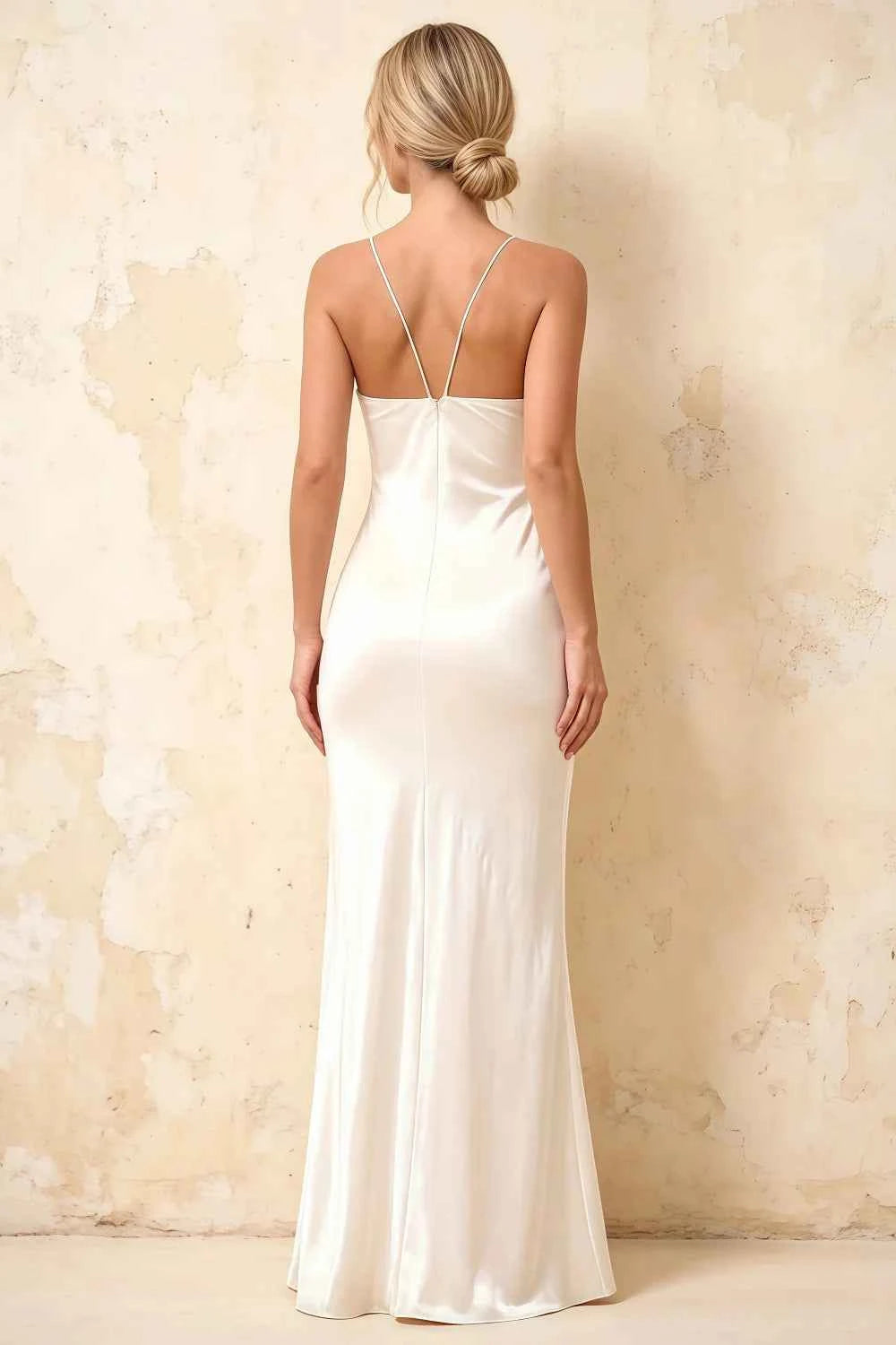 Jennifer White Satin Spaghetti Straps Slit Maxi Dress