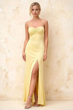 Jennifer Yellow Satin Spaghetti Straps Slit Maxi Dress