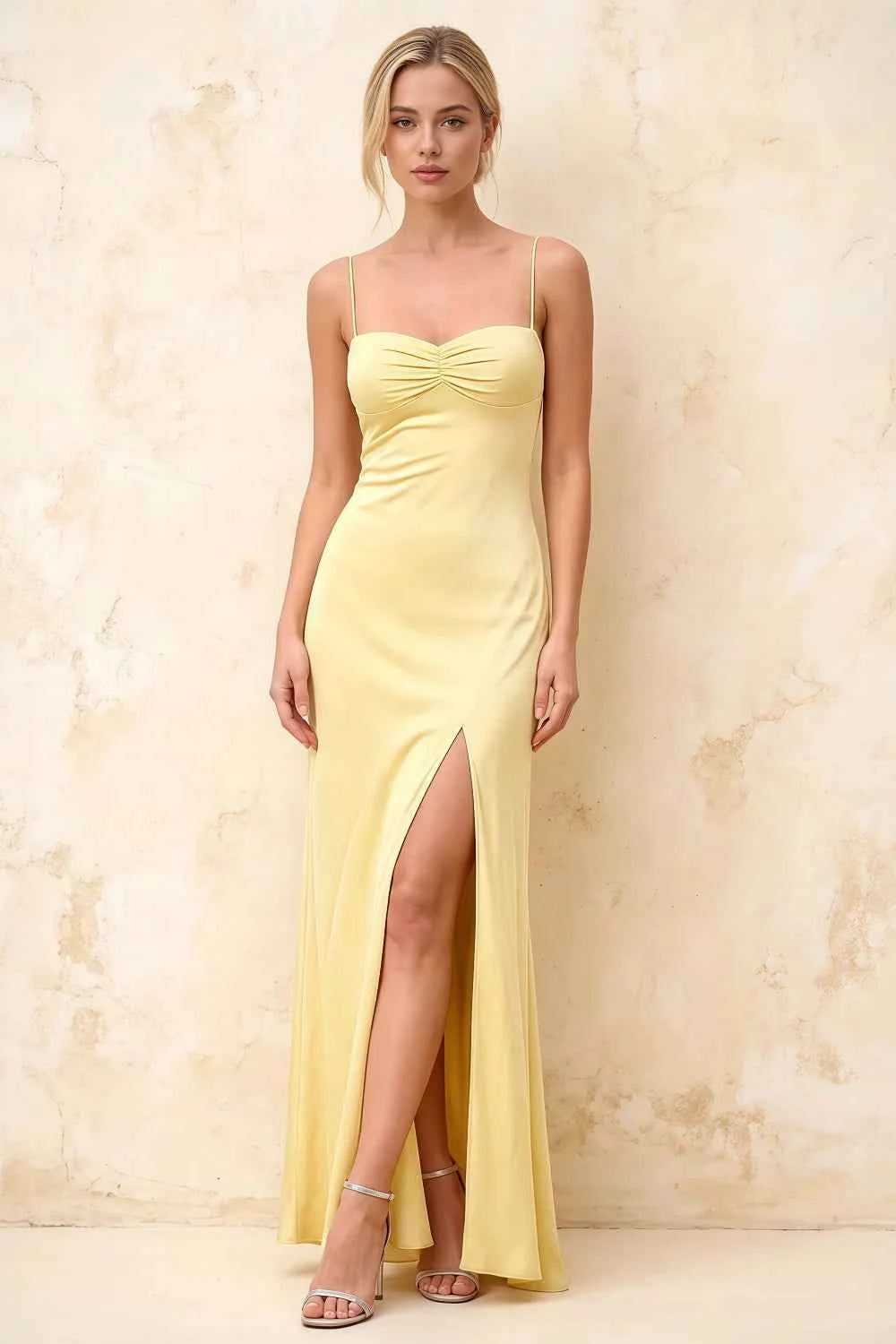 Jennifer Yellow Satin Spaghetti Straps Slit Maxi Dress