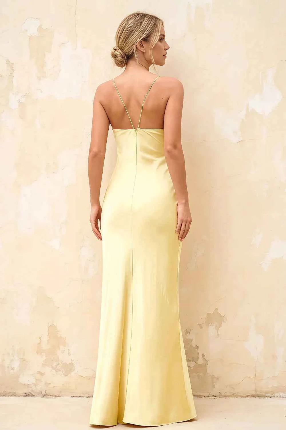 Jennifer Yellow Satin Spaghetti Straps Slit Maxi Dress