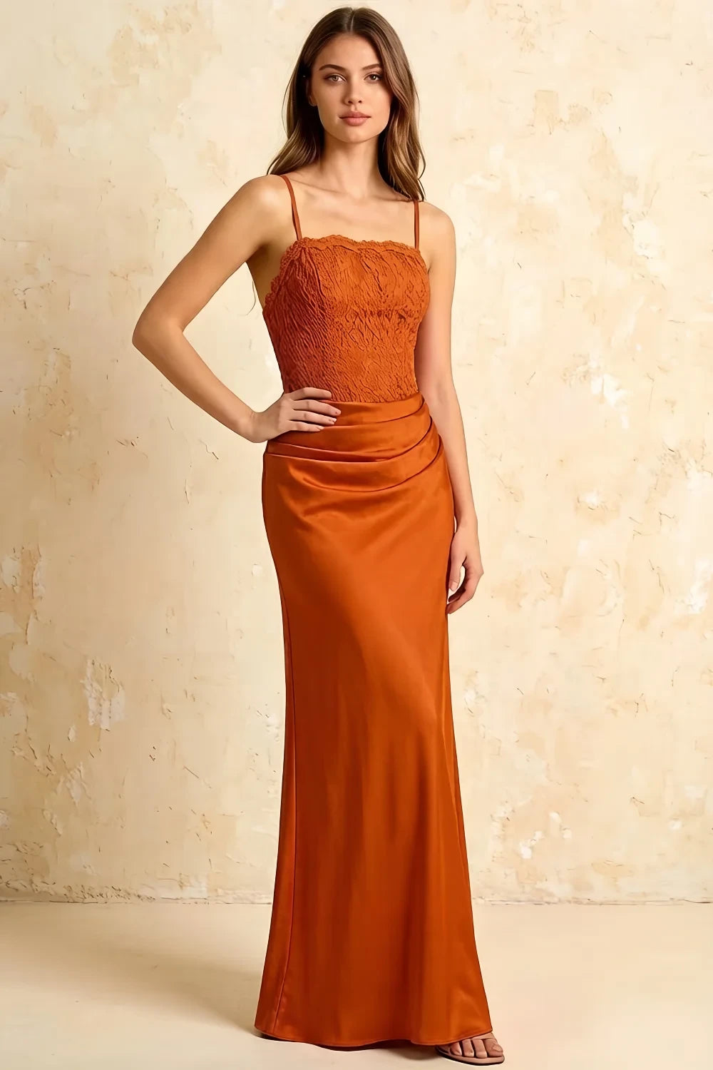 Jenny Burnt Orange Lace Sheath Backless Maxi Dress