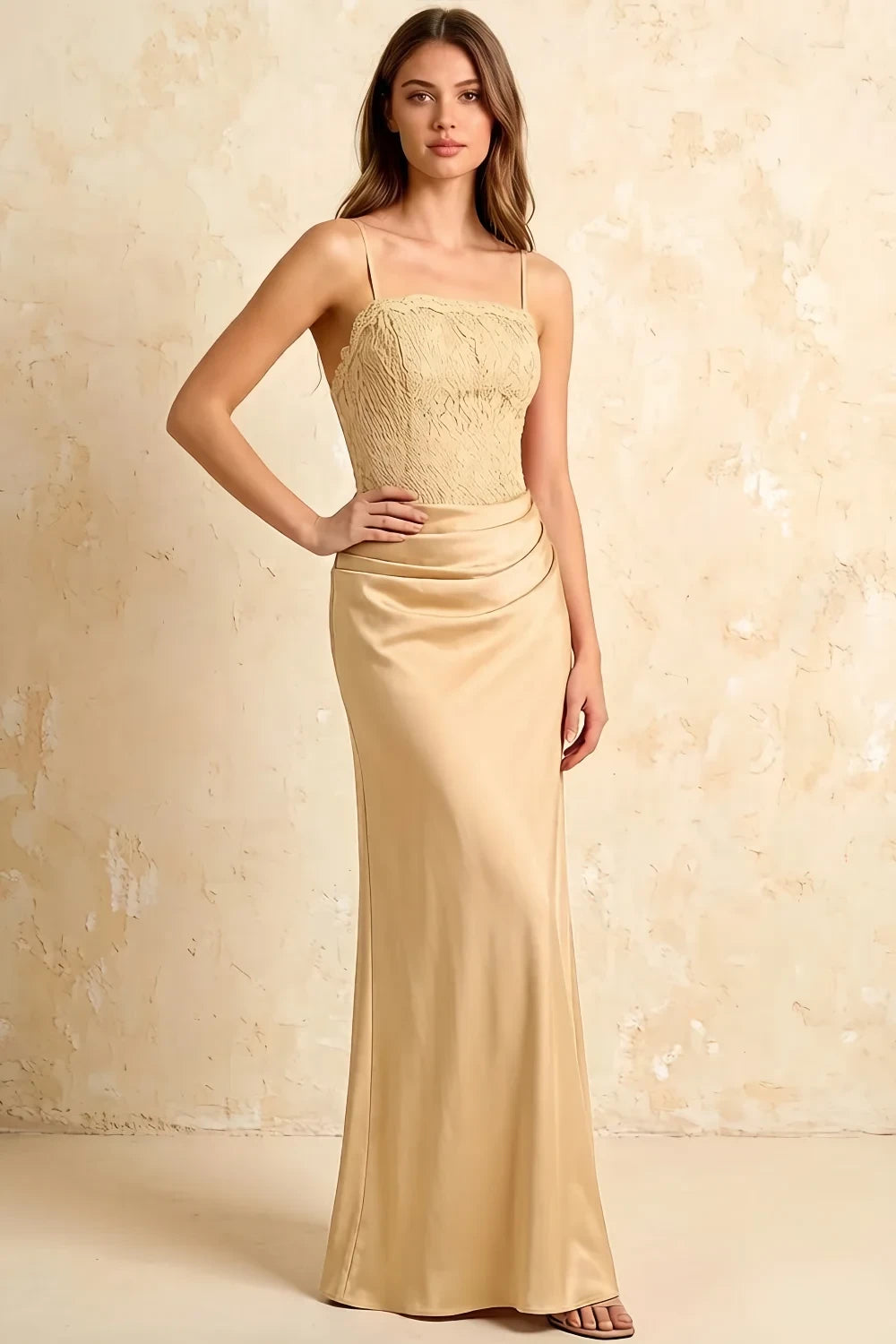 Jenny Champagne Lace Sheath Backless Maxi Dress