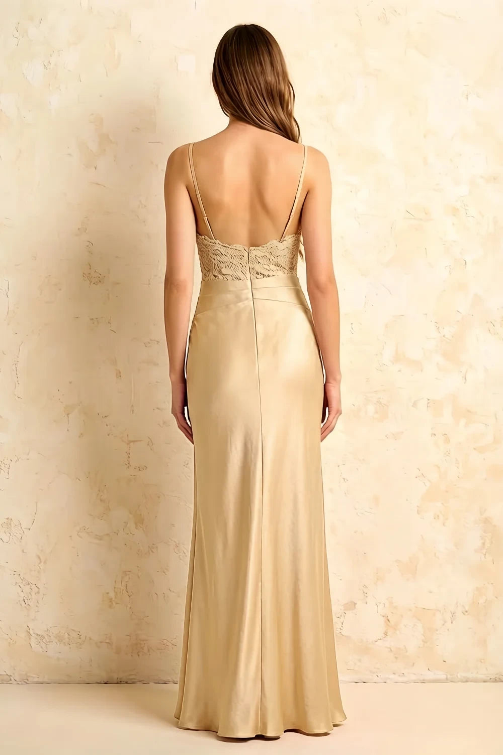 Jenny Champagne Lace Sheath Backless Maxi Dress