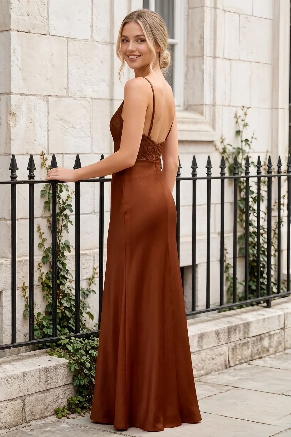 Jenny Chocolate Lace Sheath Backless Maxi Dress