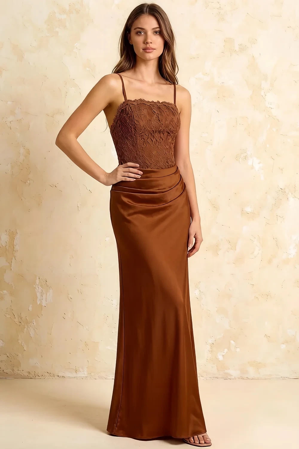 Jenny Chocolate Lace Sheath Backless Maxi Dress