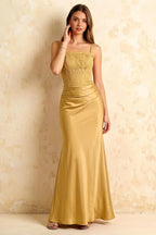 Jenny Golden Lace Sheath Backless Maxi Dress
