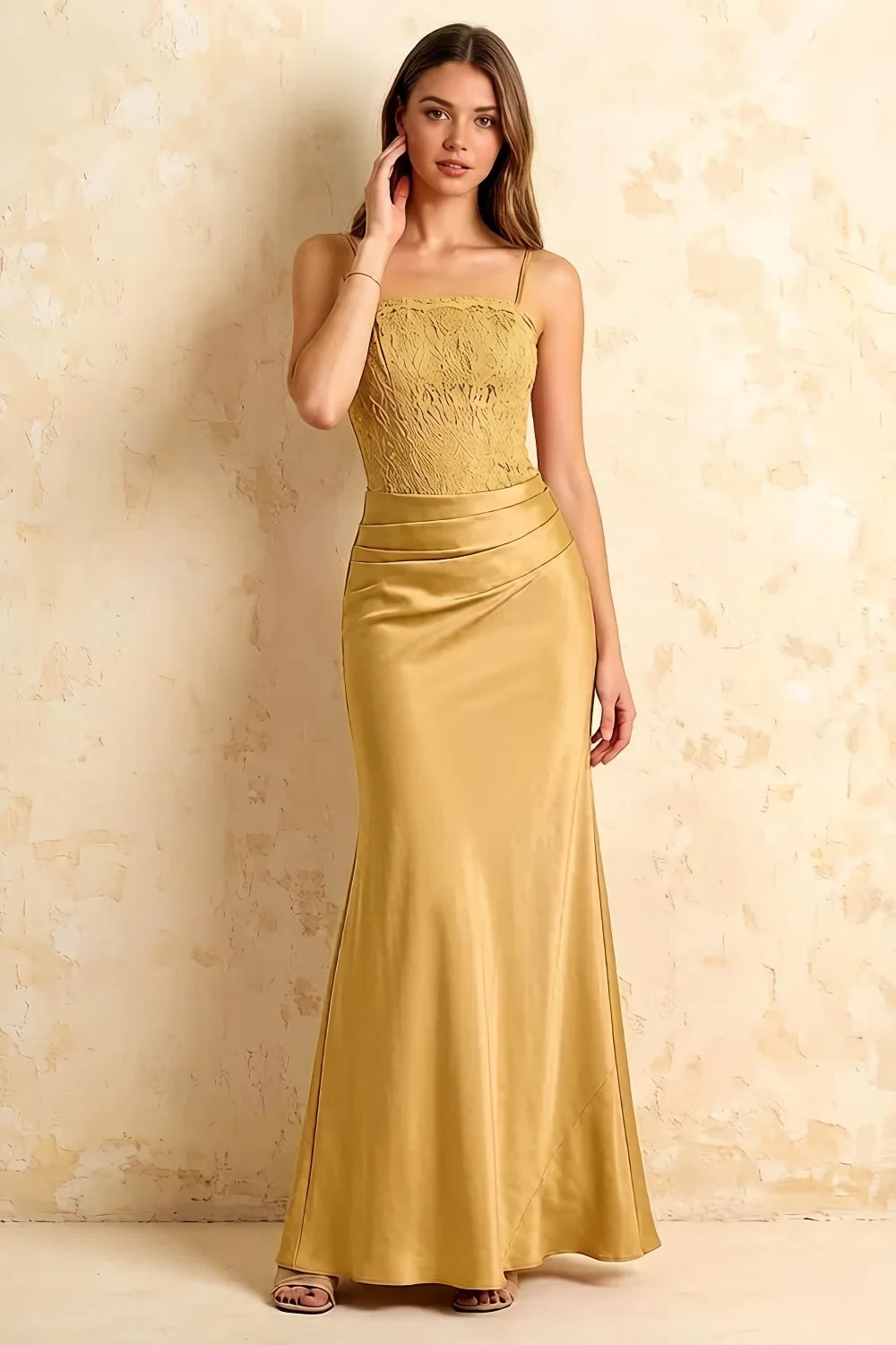 Jenny Golden Lace Sheath Backless Maxi Dress
