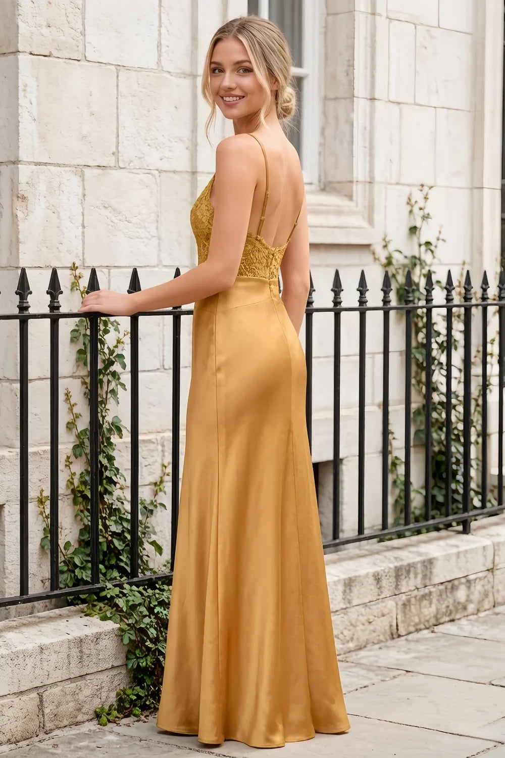 Jenny Golden Lace Sheath Backless Maxi Dress