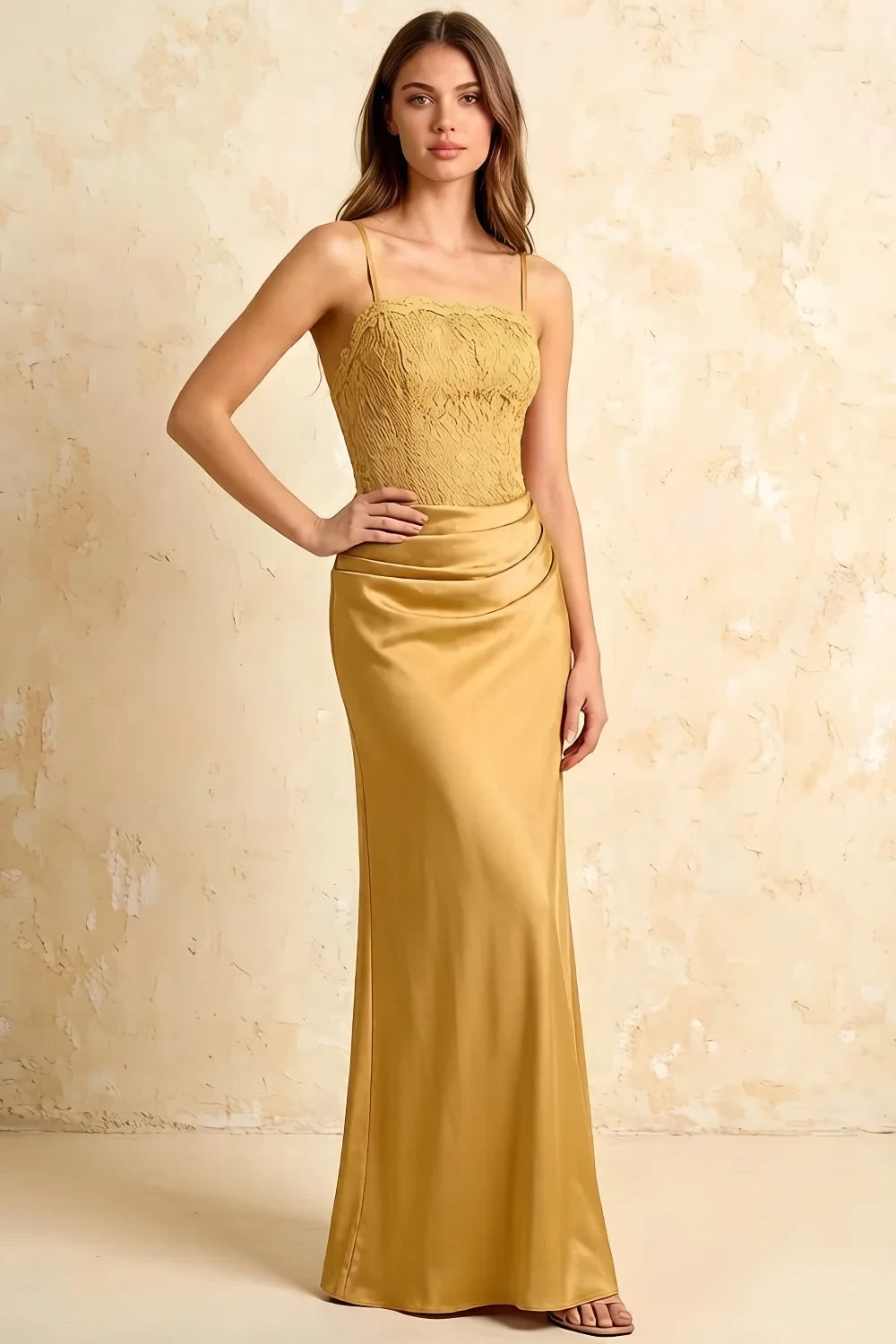 Jenny Golden Lace Sheath Backless Maxi Dress