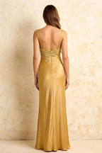 Jenny Golden Lace Sheath Backless Maxi Dress